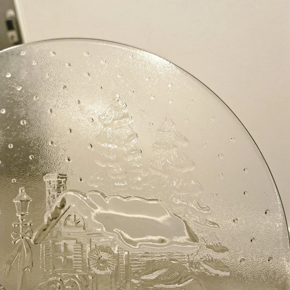 vintage clear glass holiday serving platter embossed 3D winter village